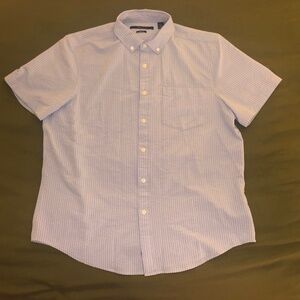 Perry Ellis Stretch Light Blue Textured Stripe Mens Short Sleeve Button Up Large